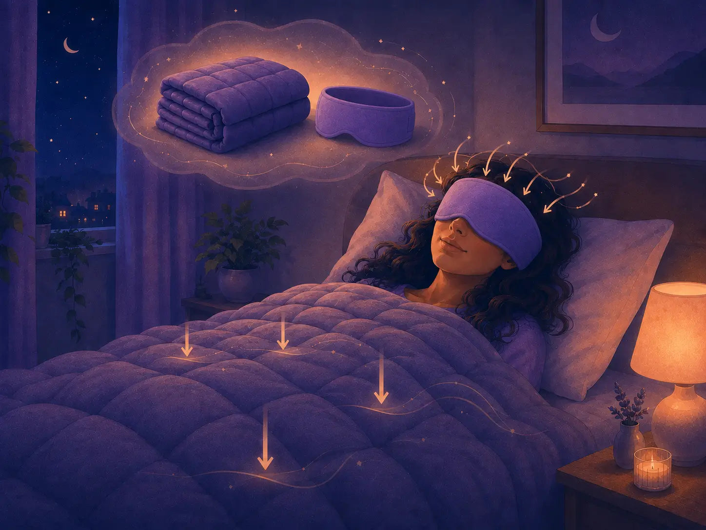 Weighted blanket and weighted sleep mask comparison as a woman rests in bed