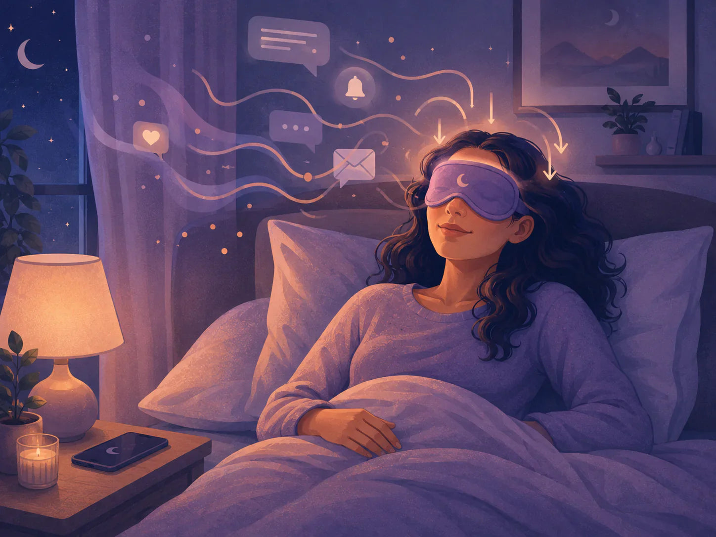 Woman resting in bed wearing a purple sleep mask after putting her phone away