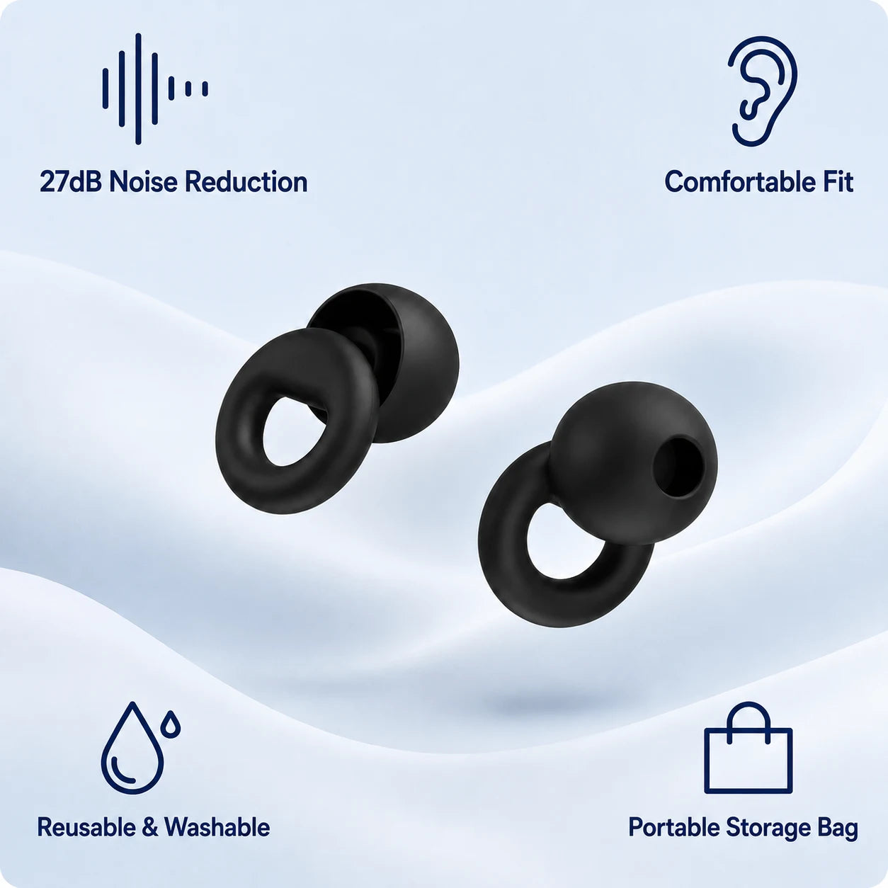 Mellooa earplugs with 27 dB noise reduction, washable design and portable storage bag