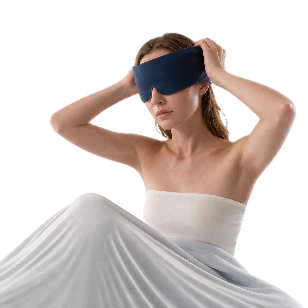 Woman wearing Mellooa navy weighted sleep mask with full arm pose