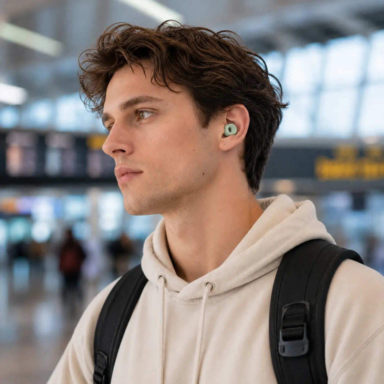 Mint Green silicone earplugs worn while traveling