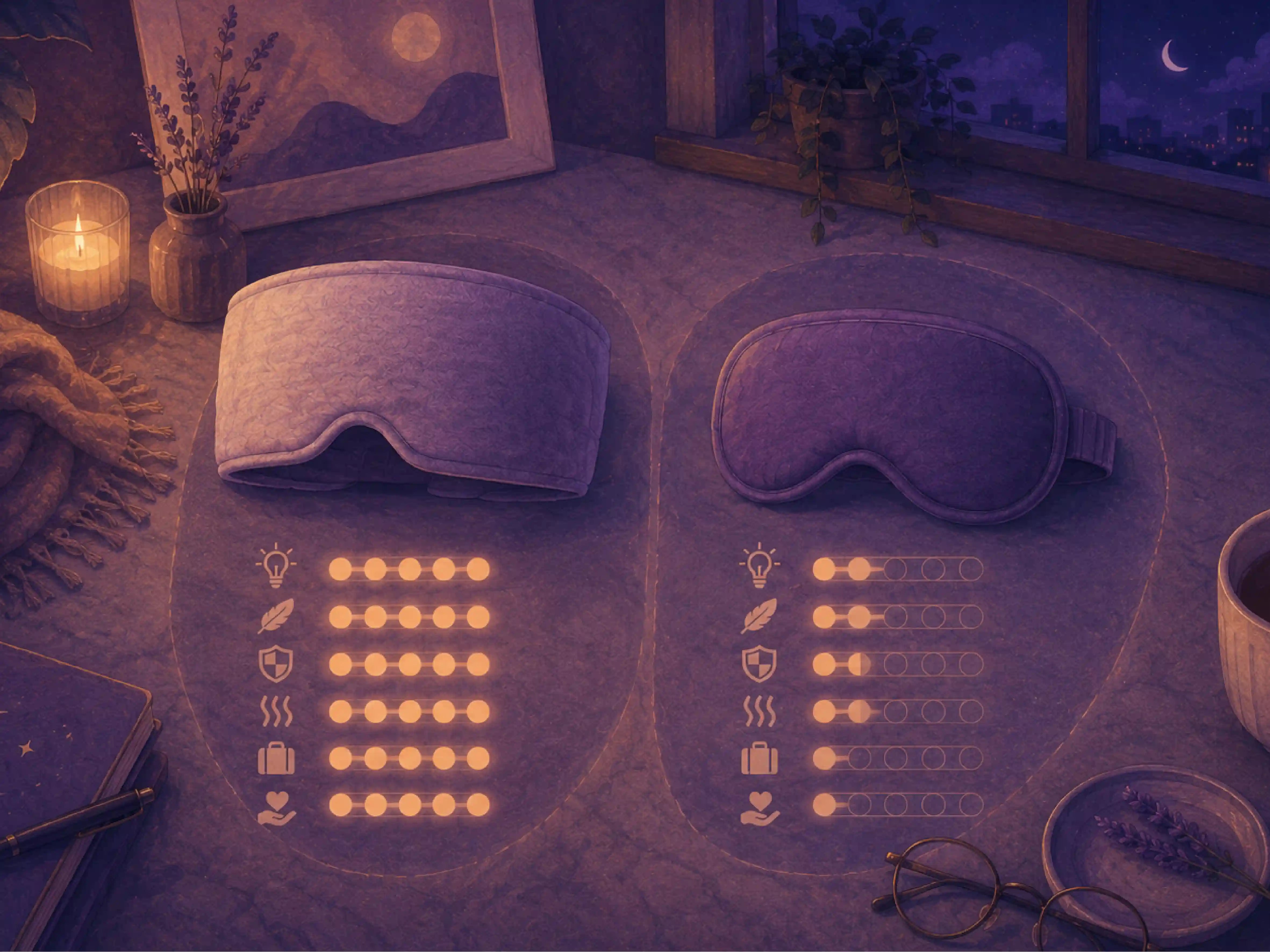Side-by-side comparison of a wide weighted sleep mask and a regular contoured sleep mask
