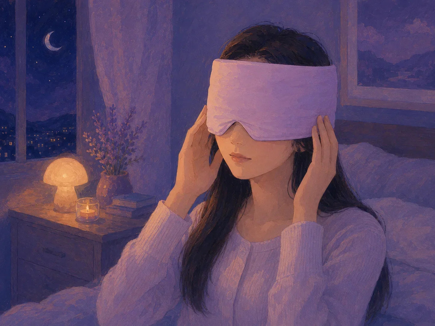 Woman positioning a wide weighted sleep mask across her forehead and eye area