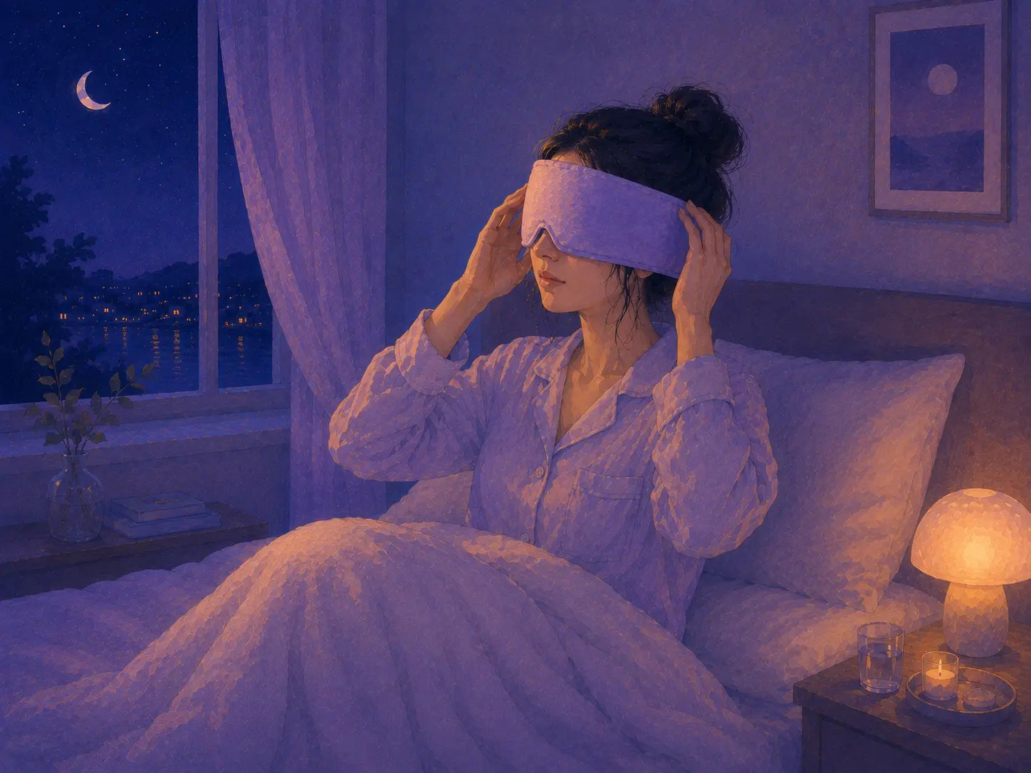 Woman putting on a wide sleep mask as part of her nighttime routine