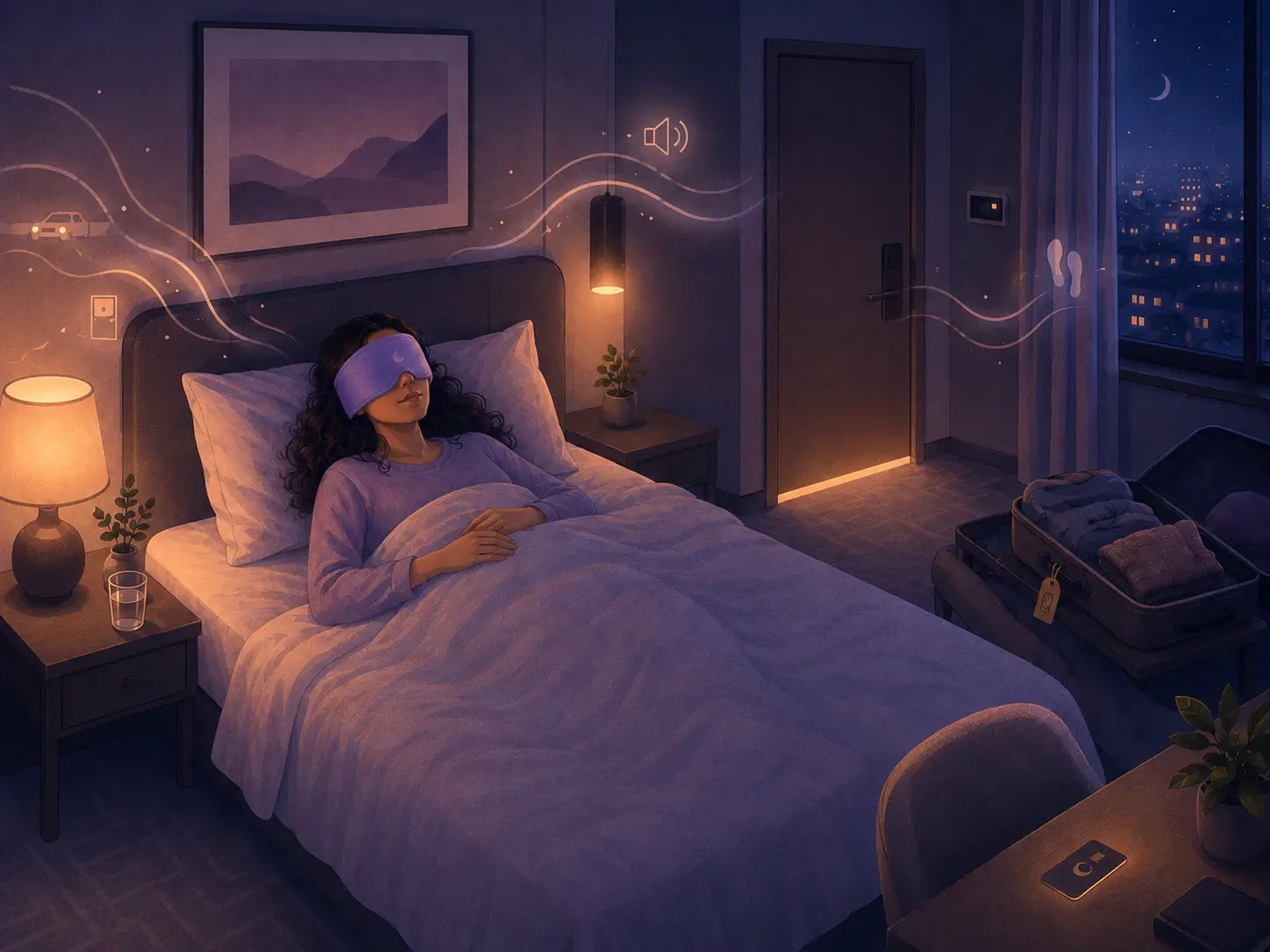 Traveler wearing a sleep mask in an unfamiliar bedroom with light and sound distractions