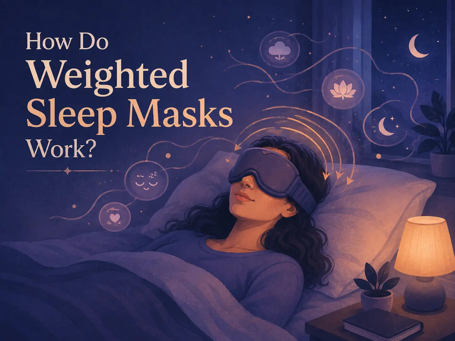 How Do Weighted Sleep Masks Work text beside a woman resting in bed with a sleep mask
