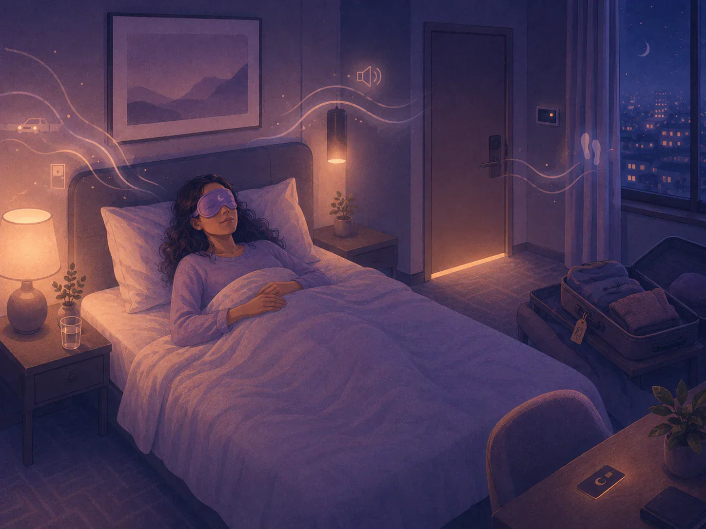 Traveler resting in a hotel bed with a sleep mask beside an open suitcase