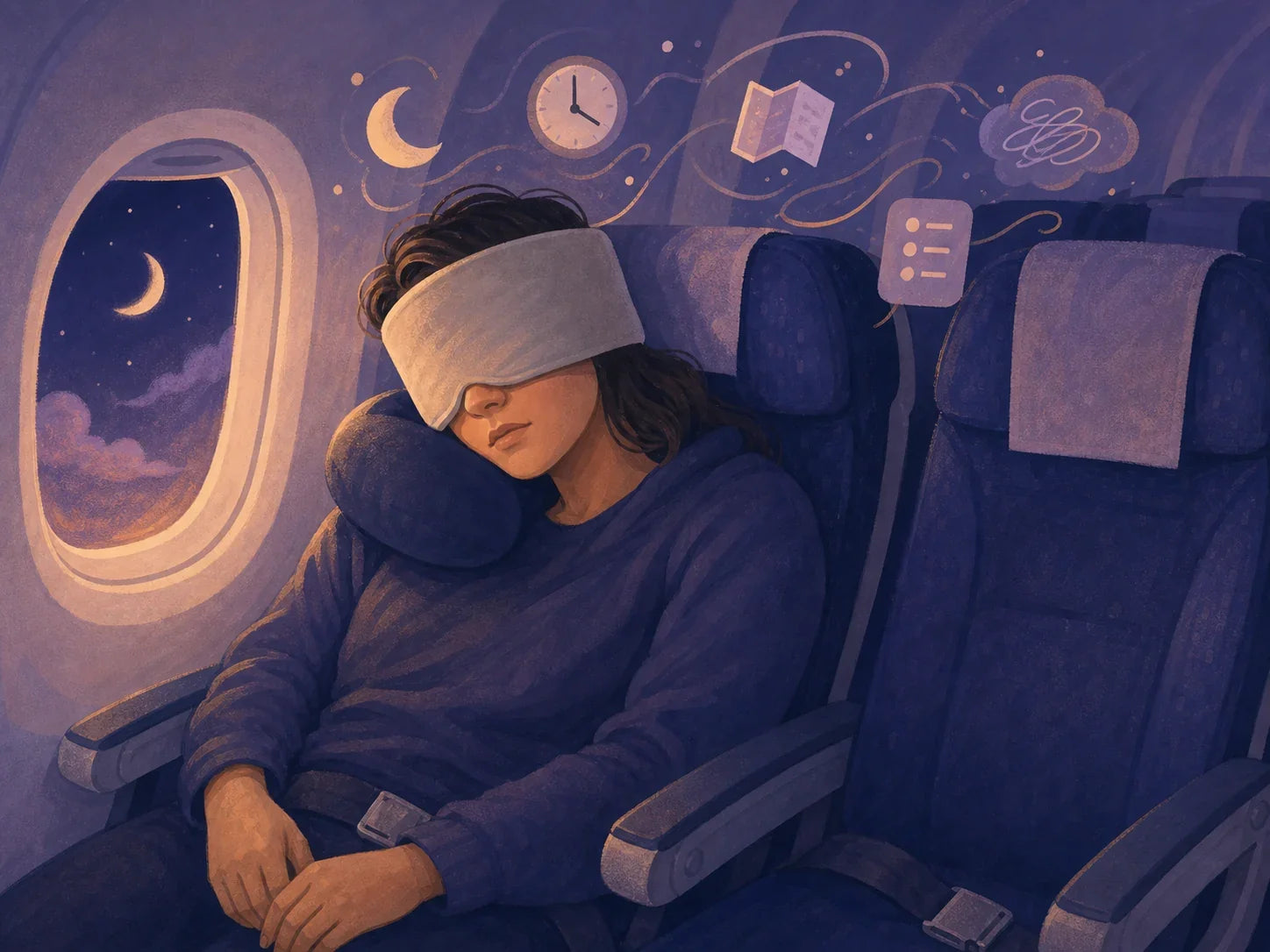 Traveler sleeping with a wide gray sleep mask in an overnight economy airplane cabin
