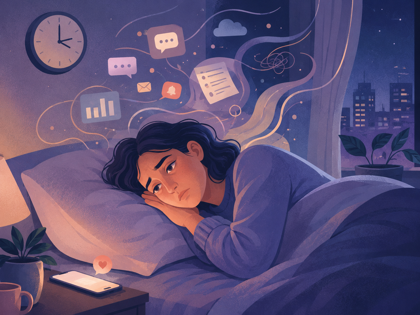 Young woman lying awake at night as notifications and racing thoughts keep her tired but wired