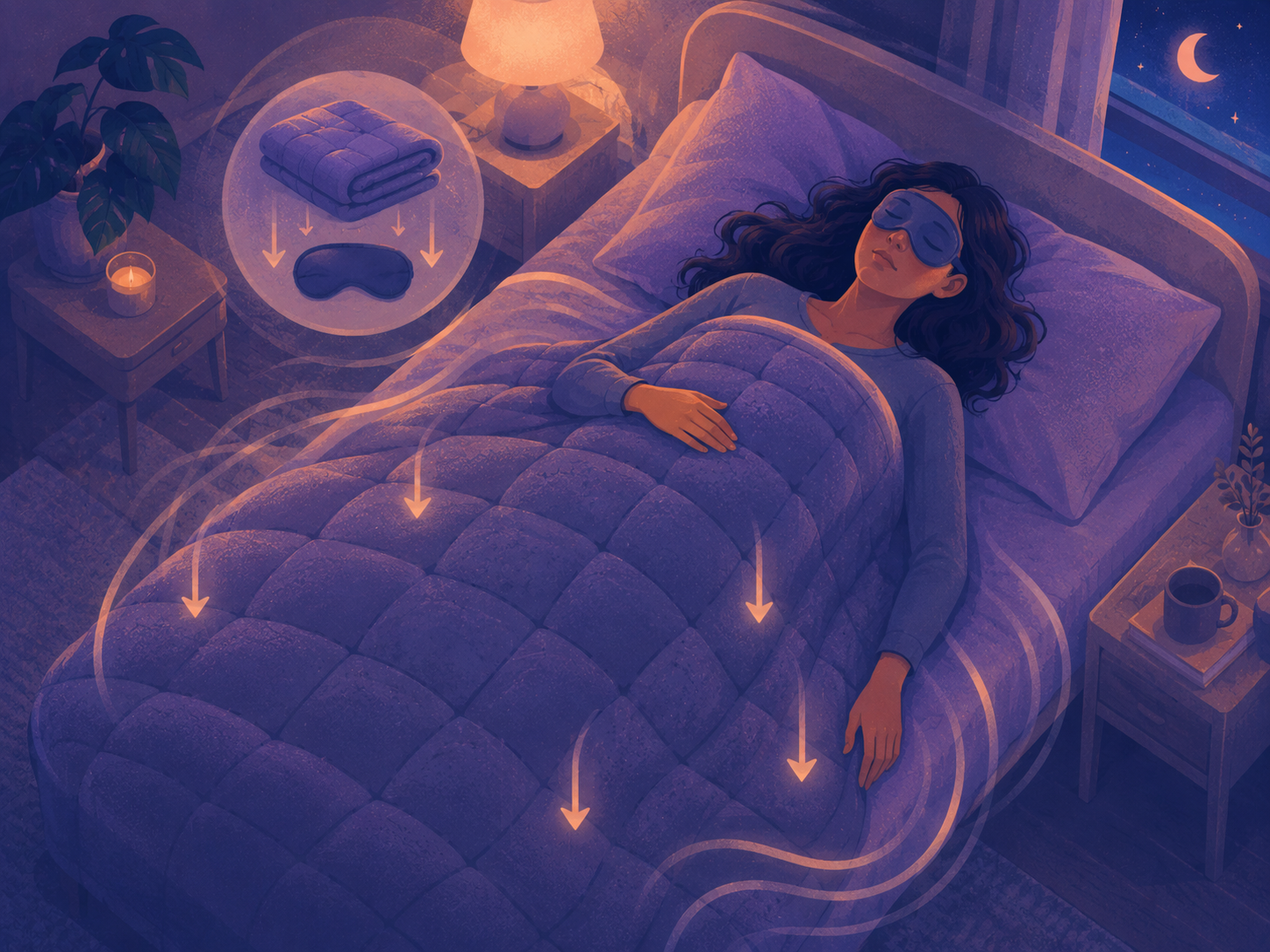Woman sleeping under a weighted blanket while wearing a weighted eye mask to illustrate gentle pressure for sleep