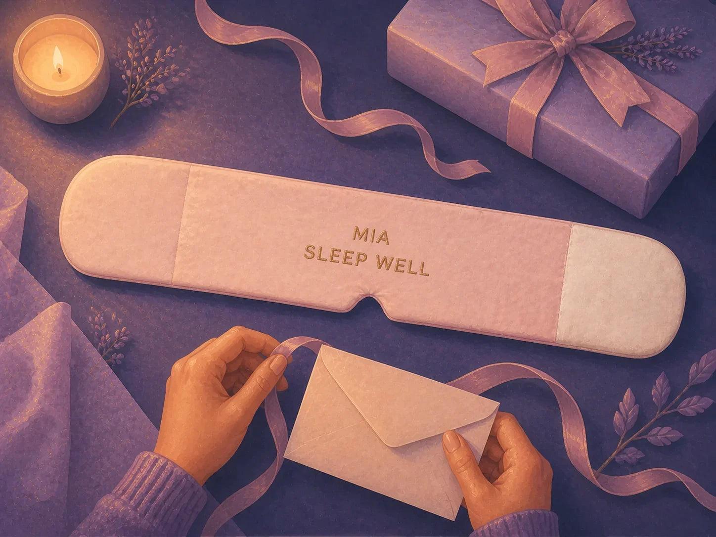 Blush personalized sleep mask reading Mia Sleep Well beside a wrapped gift and envelope
