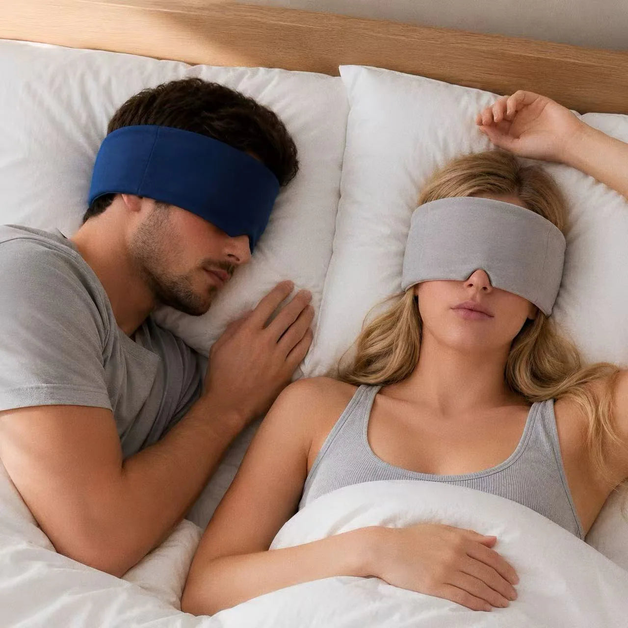 Couple resting together in Navy and Warm Gray Mellooa weighted sleep masks