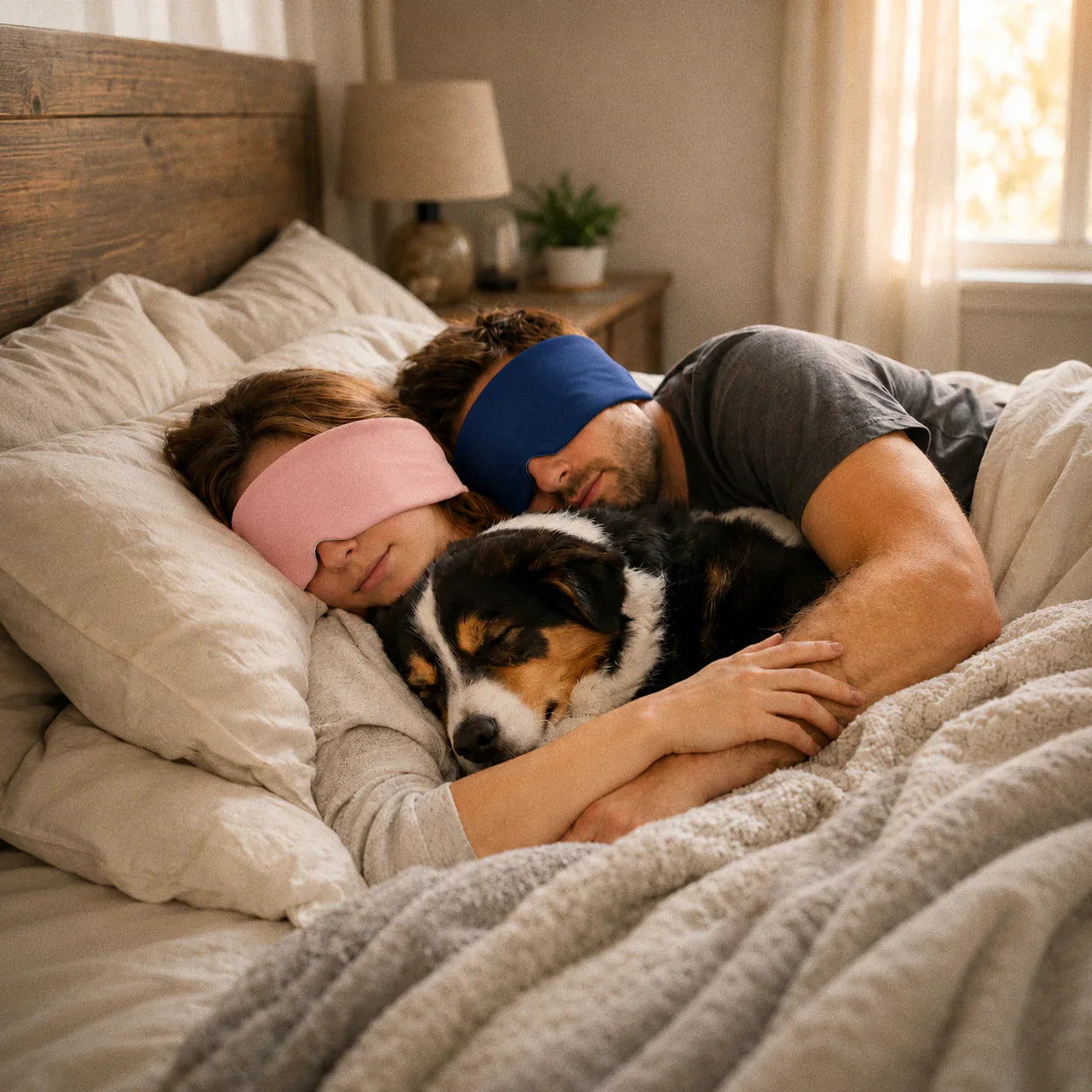 Blush Pink and Navy Mellooa weighted sleep masks worn by a resting couple