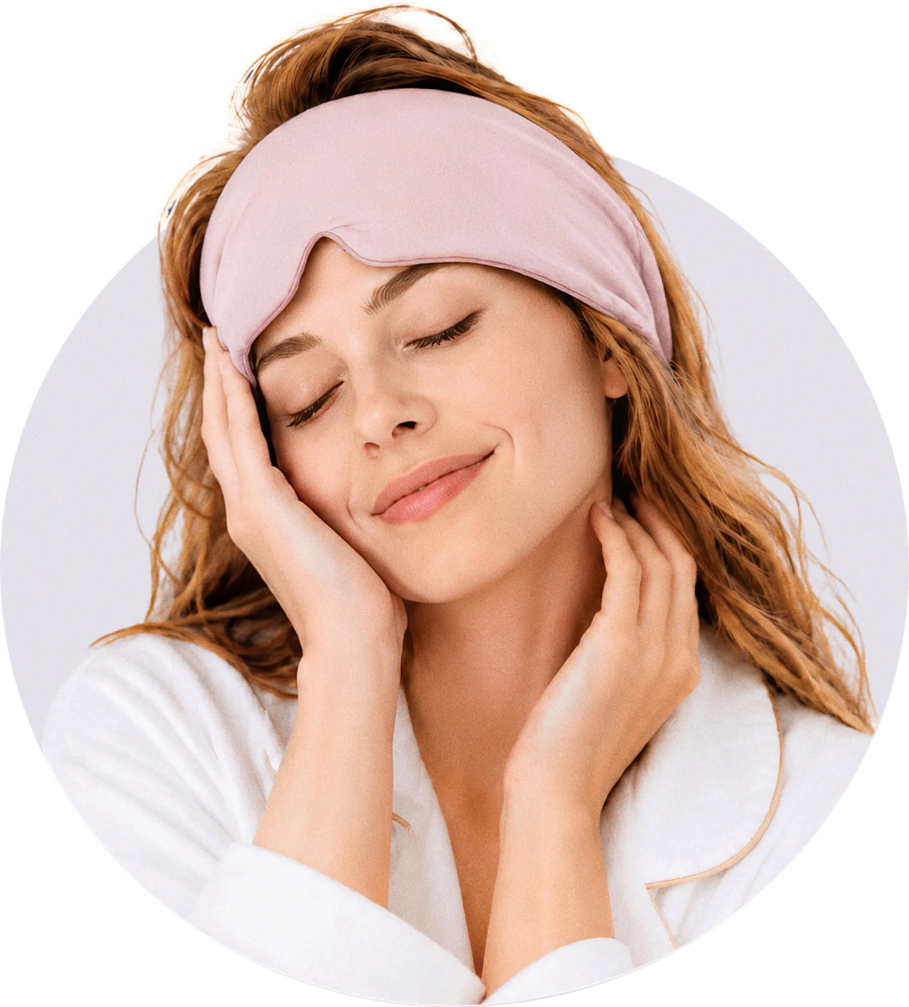 Woman resting in a pink Mellooa weighted sleep mask