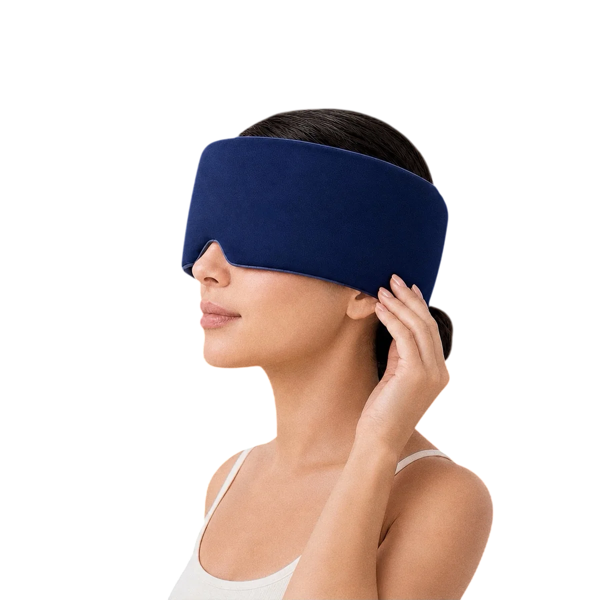 Woman positioning the navy Mellooa weighted sleep mask over her eyes and ears