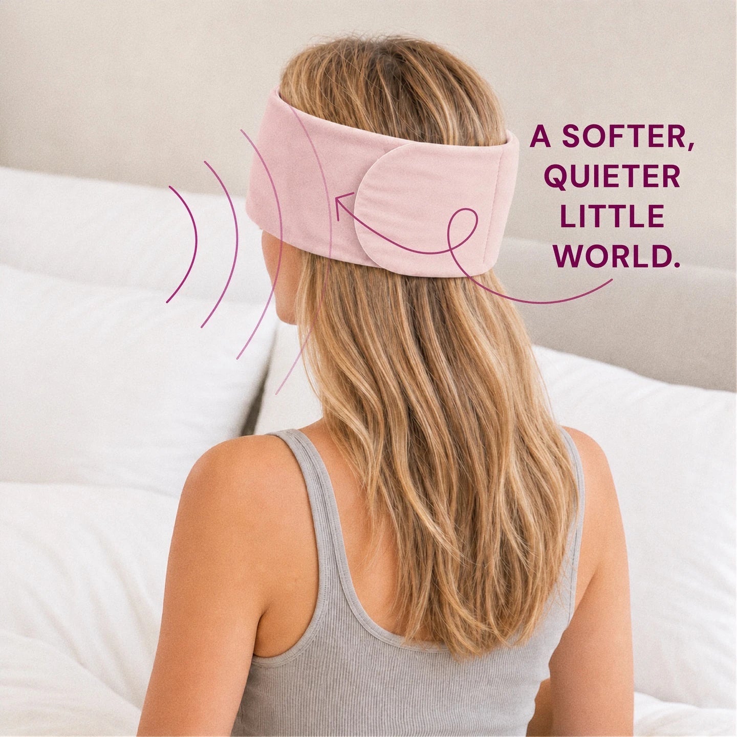 Mellooa Blush Pink weighted sleep mask, closed back view in an upright display