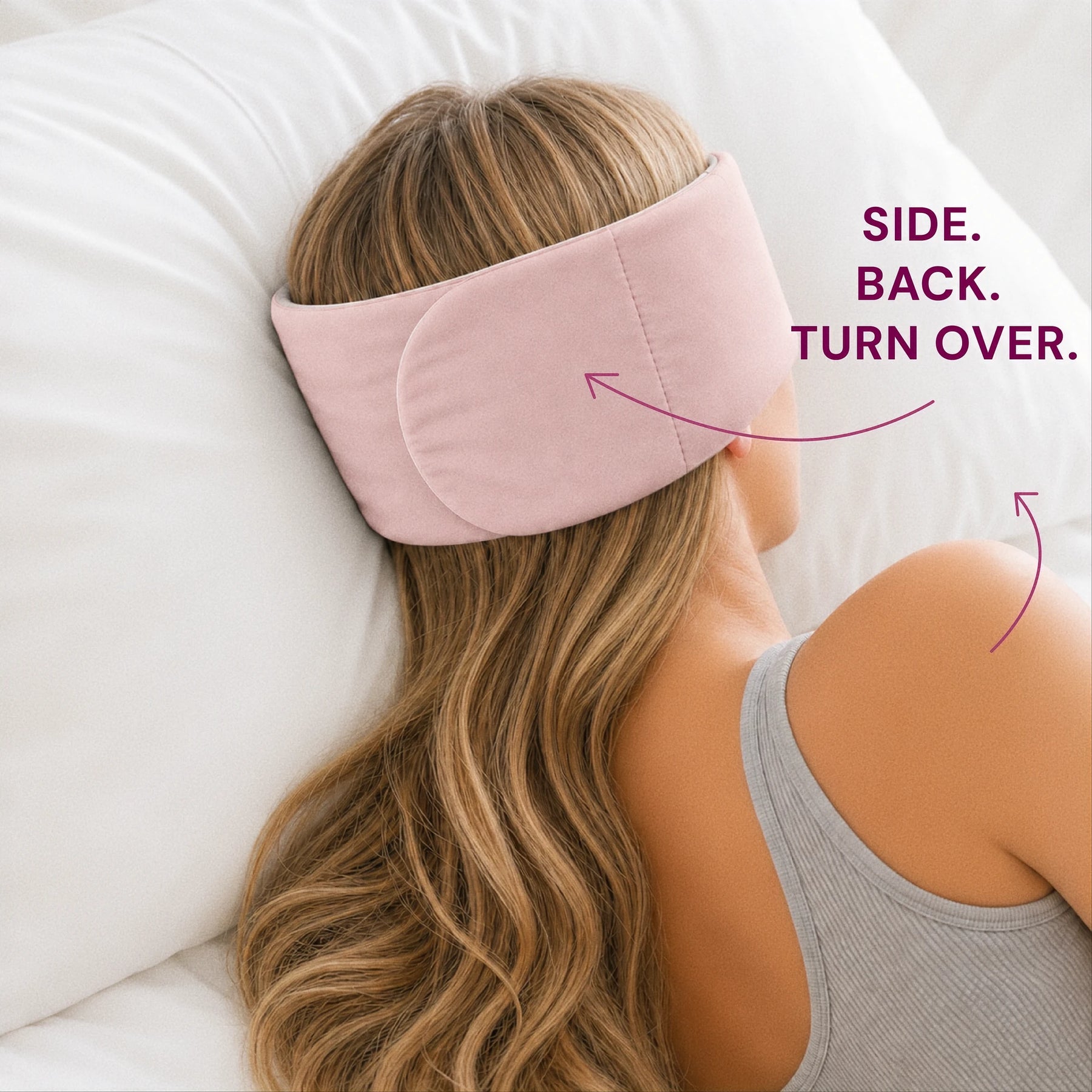Mellooa Blush Pink weighted sleep mask, closed back view from the side