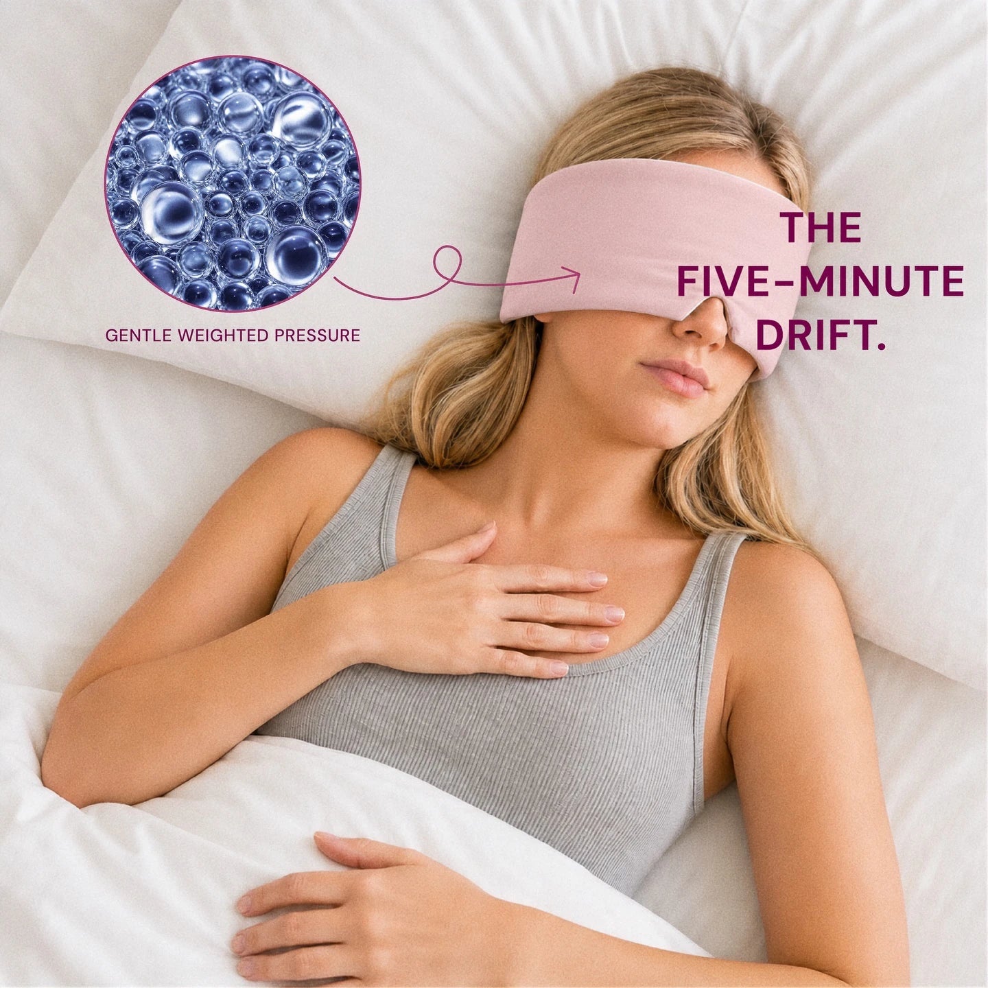 Mellooa Blush Pink weighted sleep mask worn while lying down with a hand resting on the chest