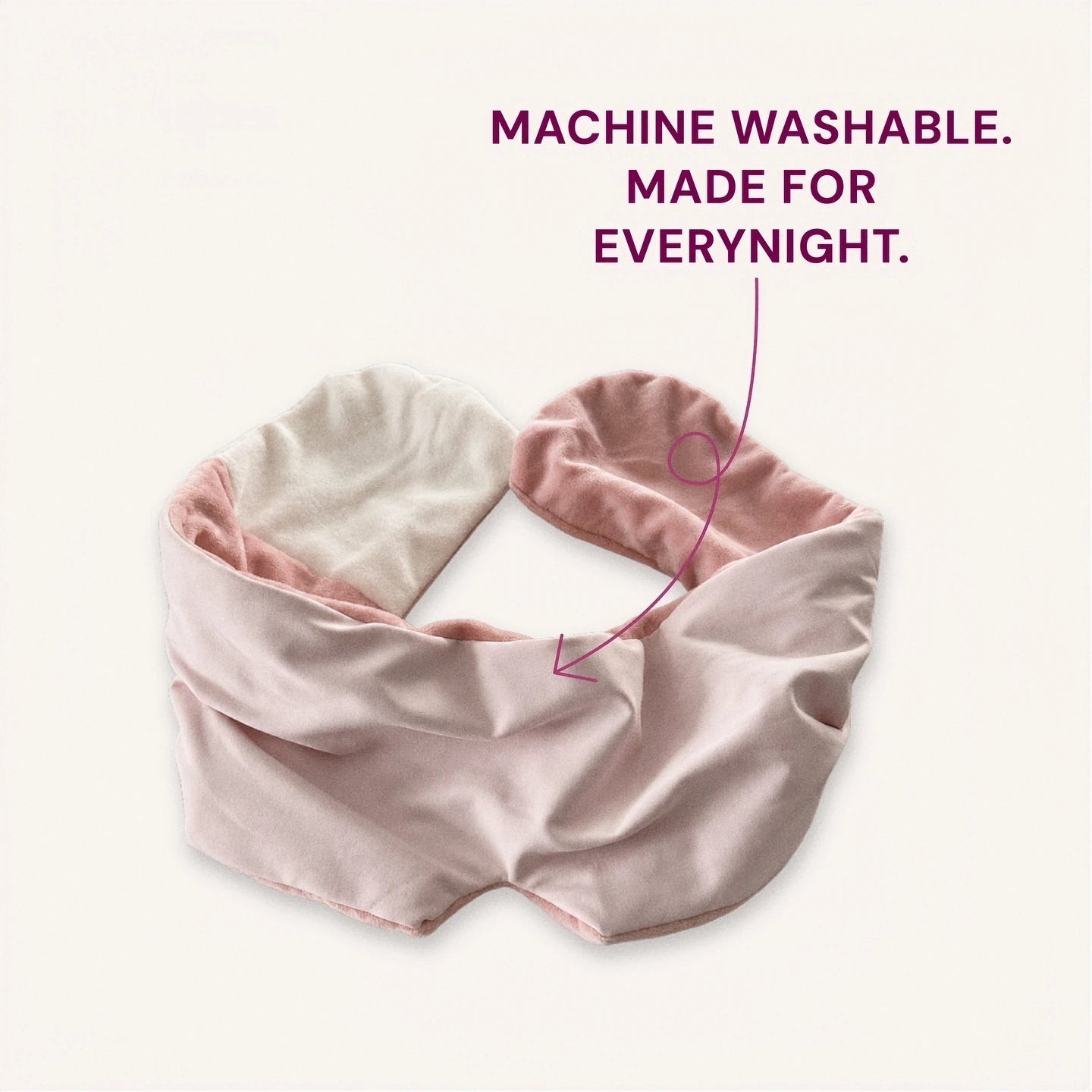 Mellooa Blush Pink weighted sleep mask, smooth side shaped into a half moon