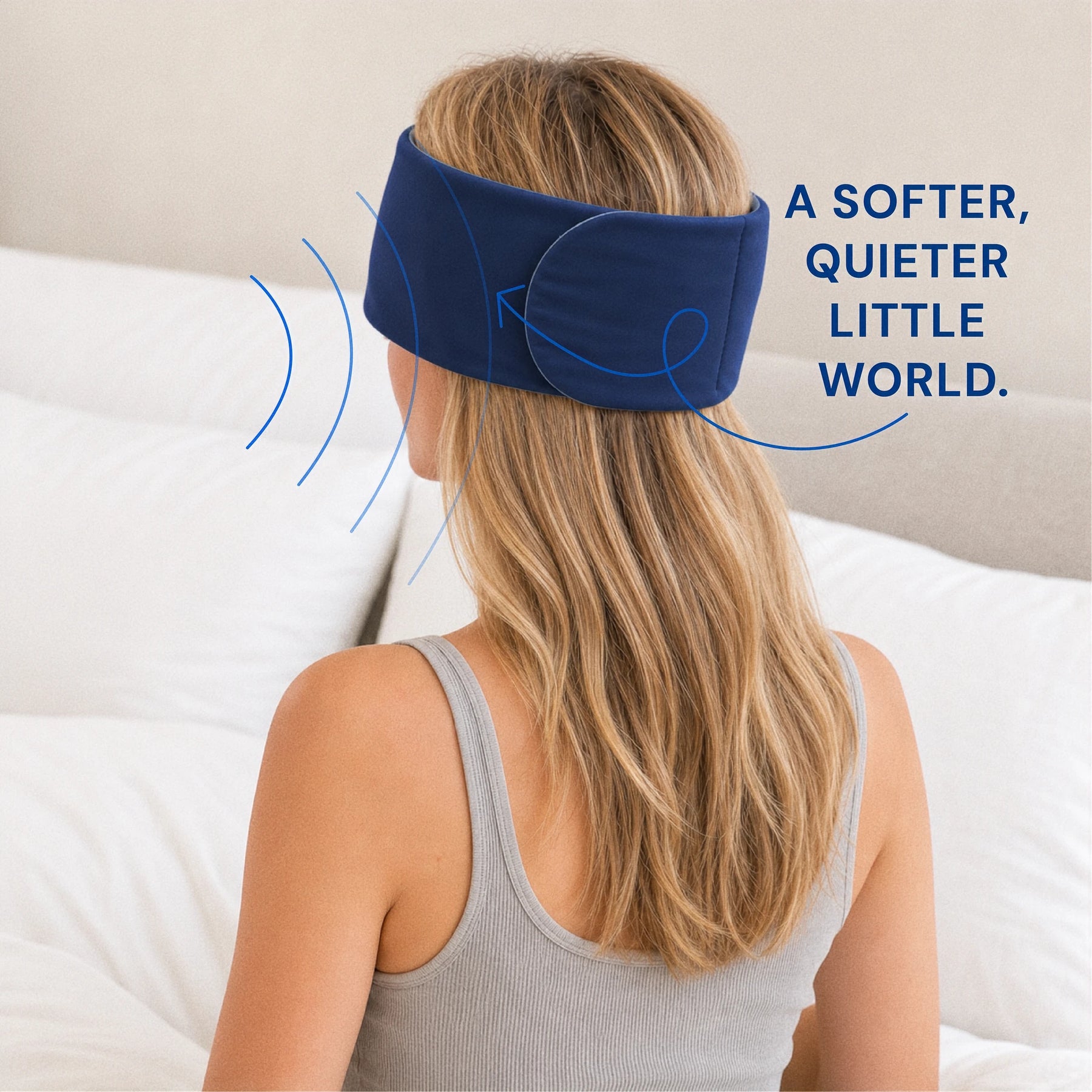 Mellooa Navy weighted sleep mask, closed back view in an upright display