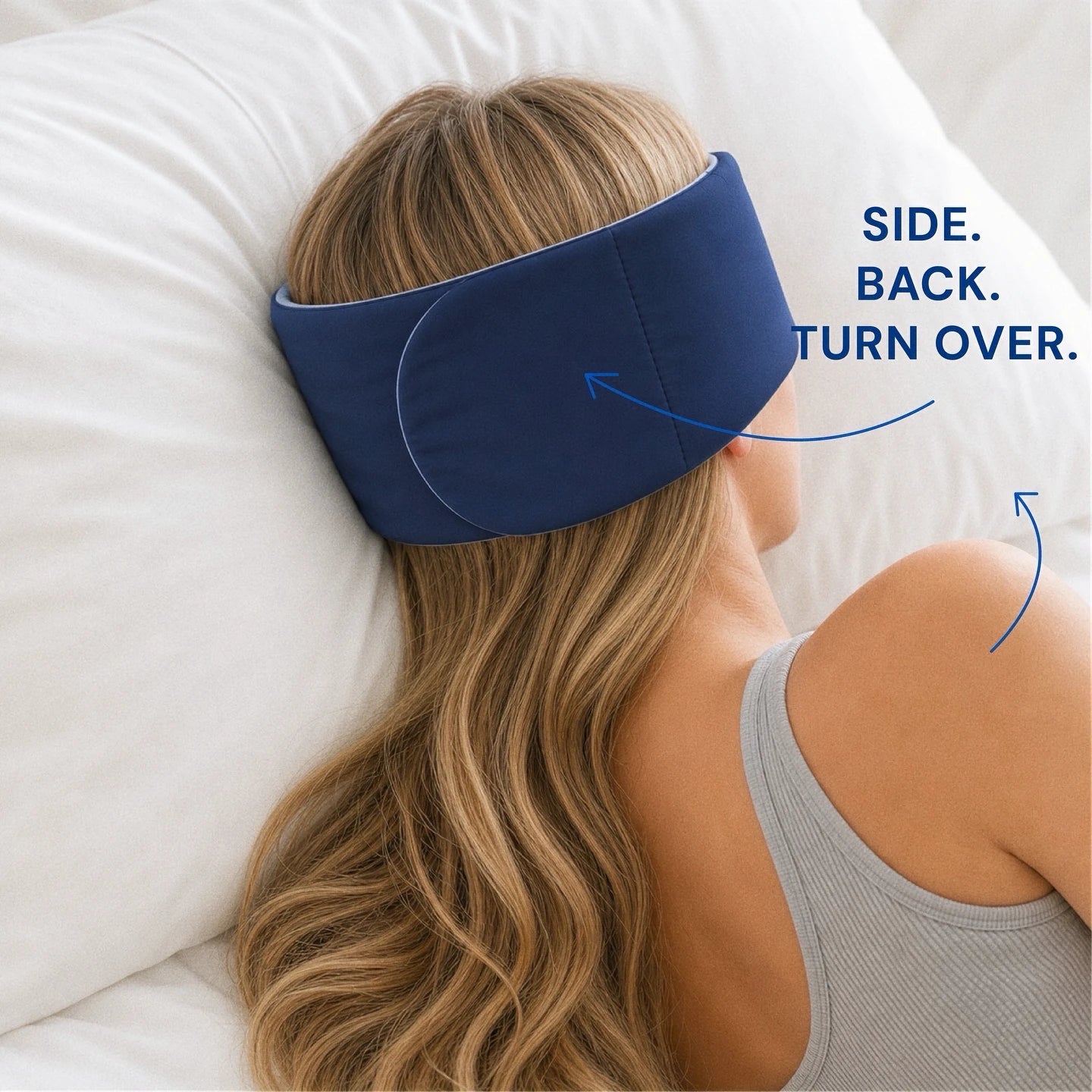 Mellooa Navy weighted sleep mask, closed back view from the side
