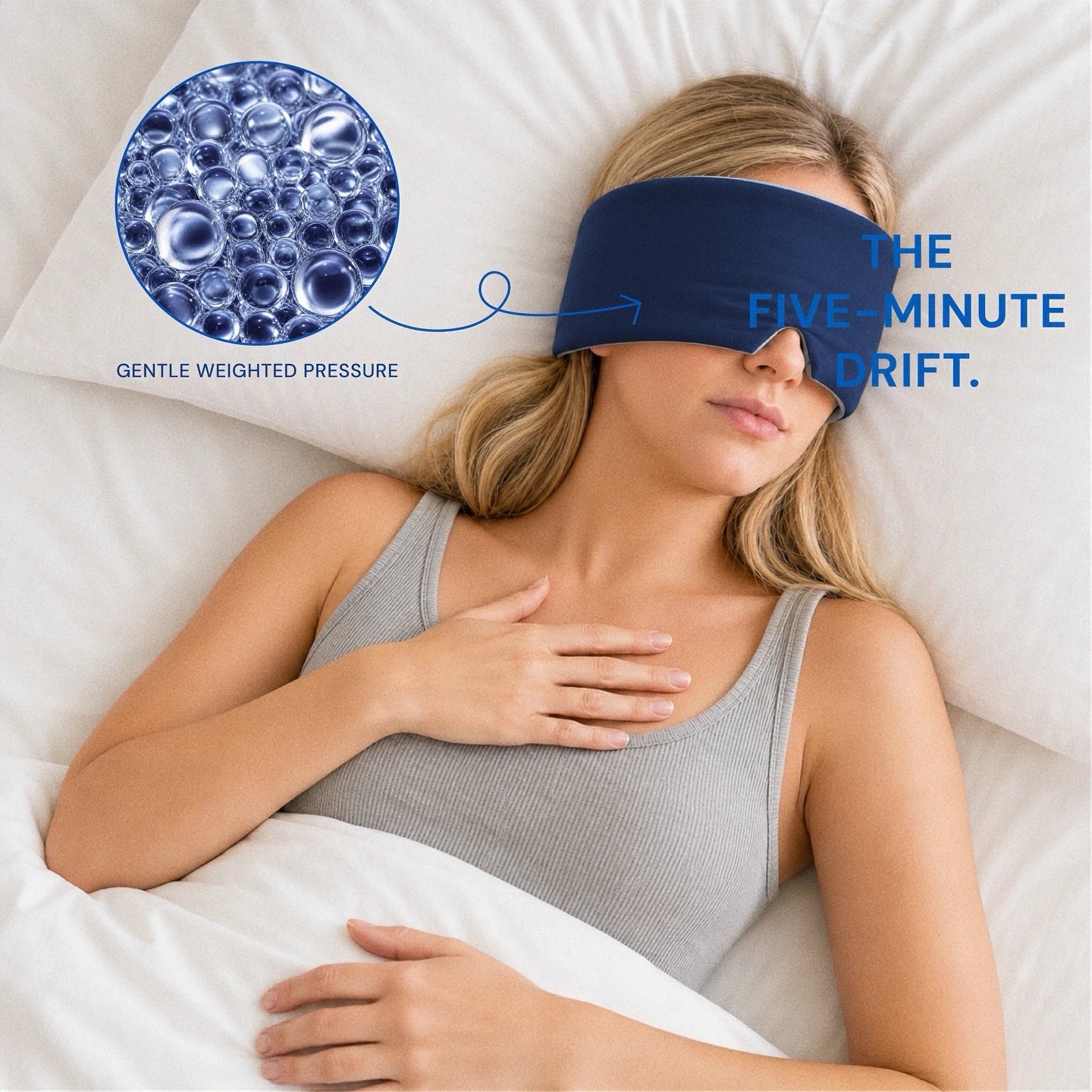 Mellooa Navy weighted sleep mask worn while lying down with a hand resting on the chest