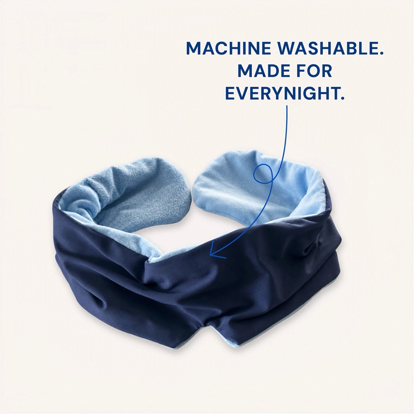 Mellooa Navy weighted sleep mask, smooth side shaped into a half moon
