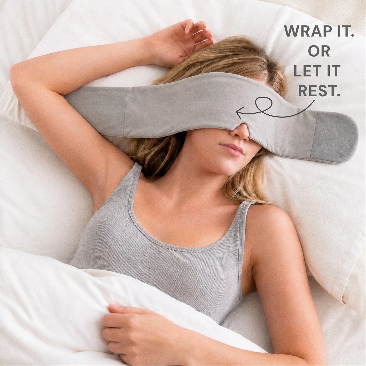 Mellooa Warm Gray weighted sleep mask shown open in a flat lay