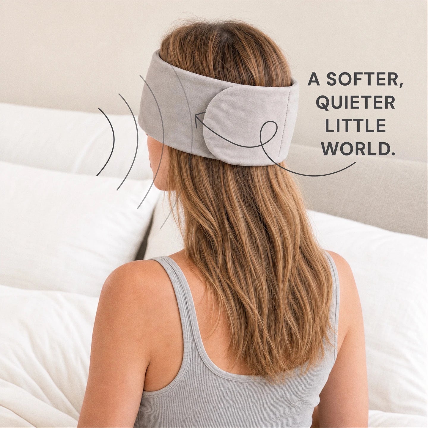 Mellooa Warm Gray weighted sleep mask, closed back view in an upright display