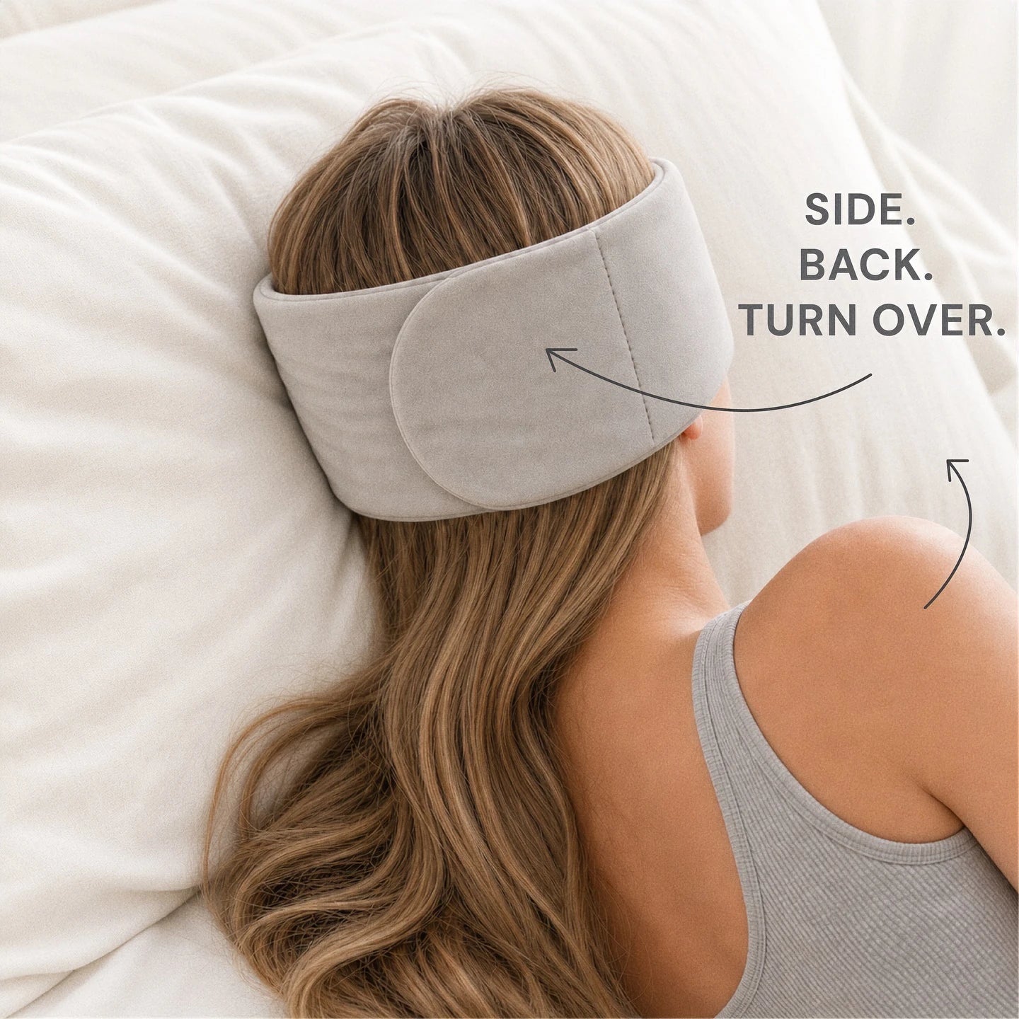 Mellooa Warm Gray weighted sleep mask, closed back view from the side