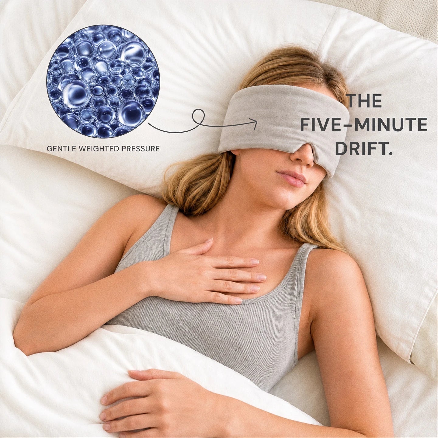 Mellooa Warm Gray weighted sleep mask worn while lying down with a hand resting on the chest