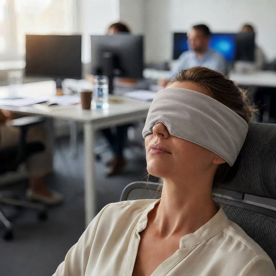 Mellooa weighted sleep mask during a quiet midday pause