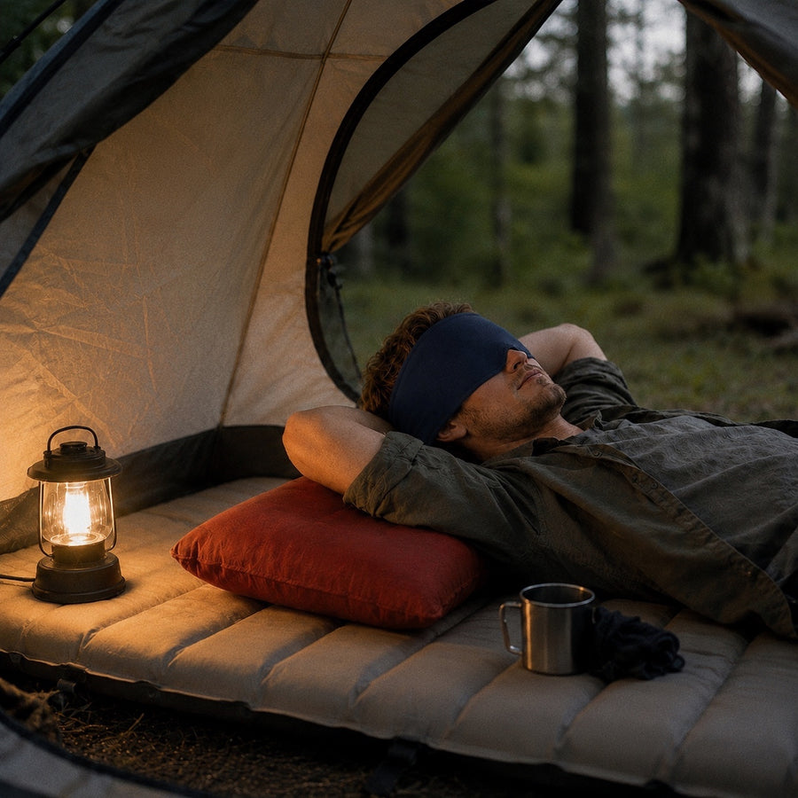 Mellooa weighted sleep mask inside a quiet camping tent